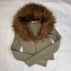 Ribbed Olive Cardigan with Faux Fur Collar